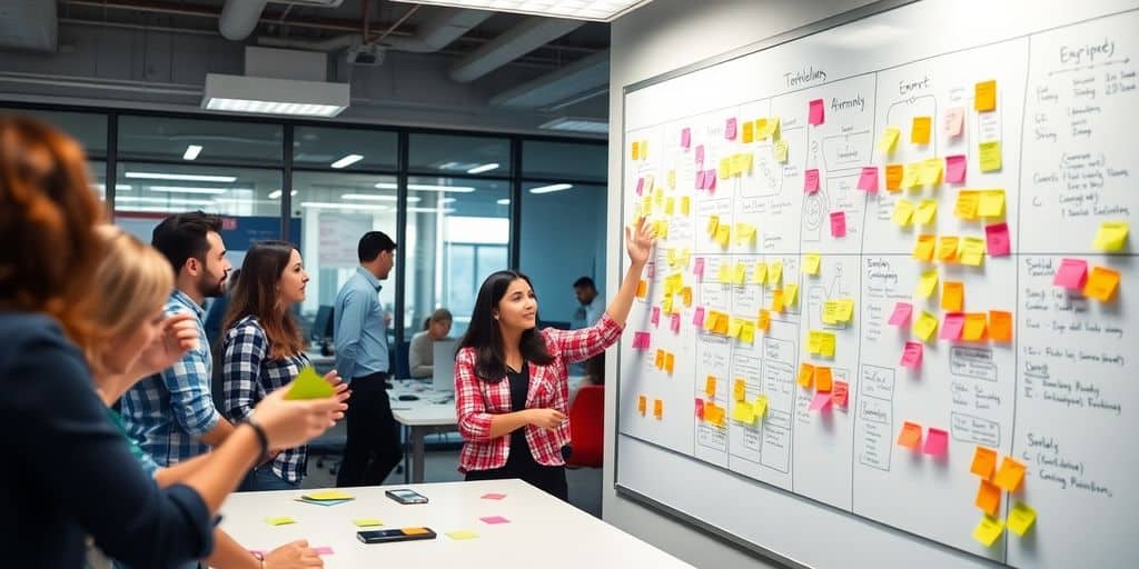 Collaborative workspace with sticky notes and a whiteboard.