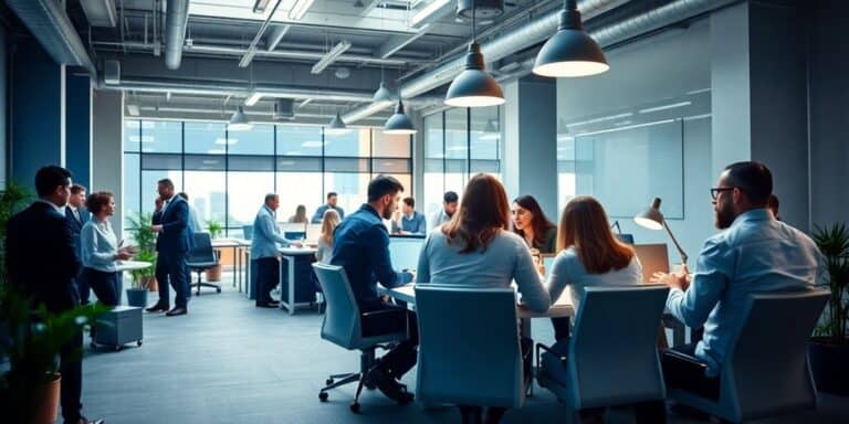 Employees collaborating in a modern office setting.