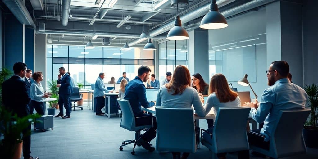 Employees collaborating in a modern office setting.
