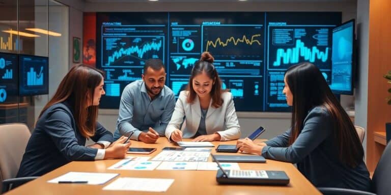 Business team collaborating to enhance operations with analytics.
