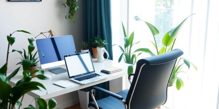 Cozy home office with laptop and indoor plants.