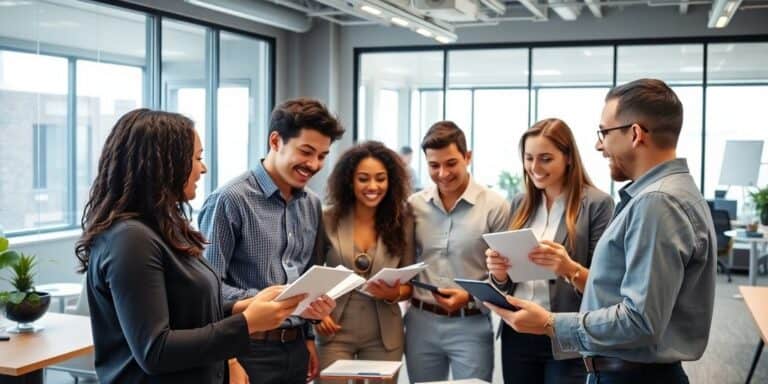 Diverse team collaborating in a modern office setting.