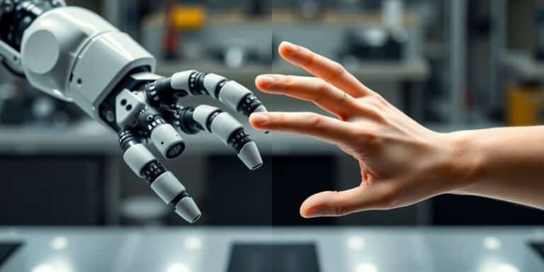 Robotic arms and human hand collaborating in operations.