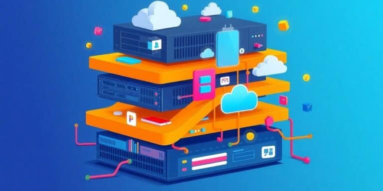 Colorful tech stack with servers and cloud icons.