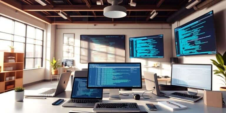 Modern tech workspace with laptops and coding screens.