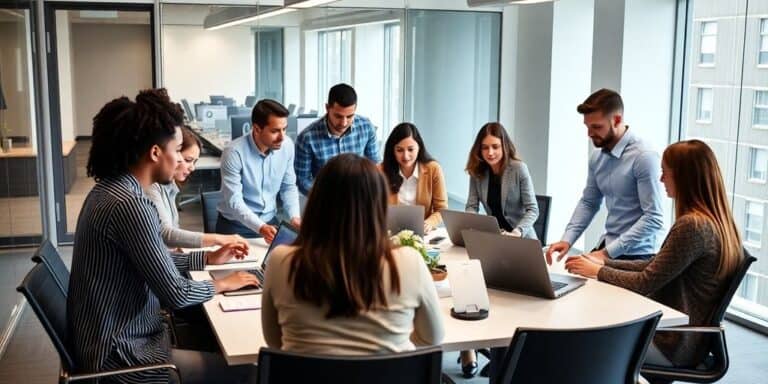 Diverse team collaborating in a modern office setting.