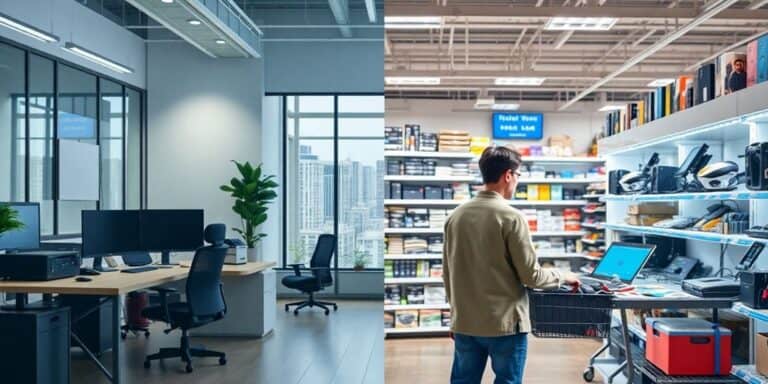 Office vs. shopping scene for tech equipment.