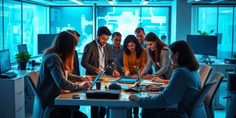 Futuristic office with diverse team and advanced technology.