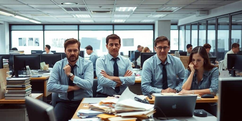 Frustrated employees in a cluttered office setting.