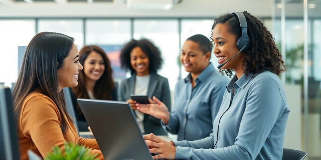 Customer service agent helping diverse clients in an office.