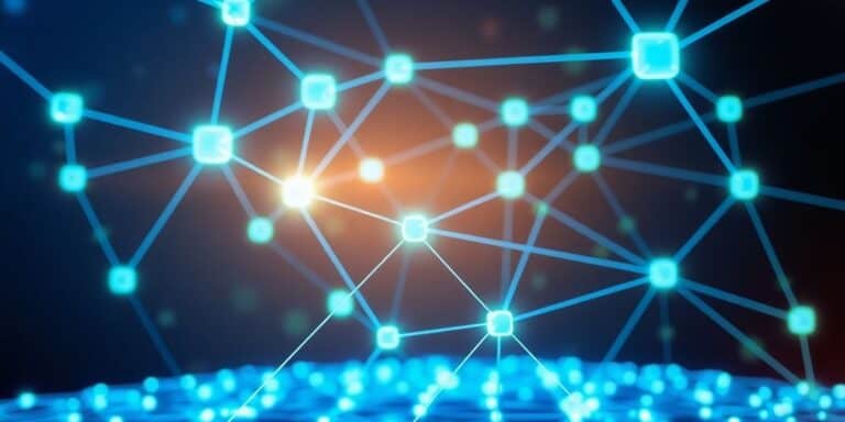 Interconnected blocks and chains illustrating blockchain technology.