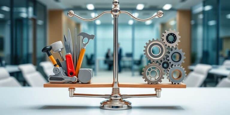 Balanced scale with tools and flexible gears in office.