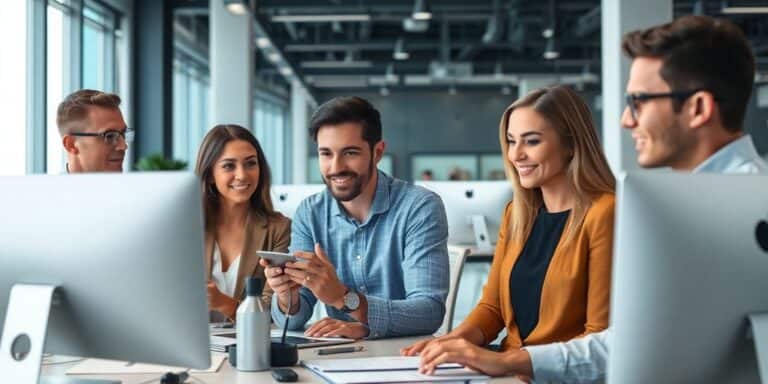 Diverse team collaborating with AI technology in a modern office.