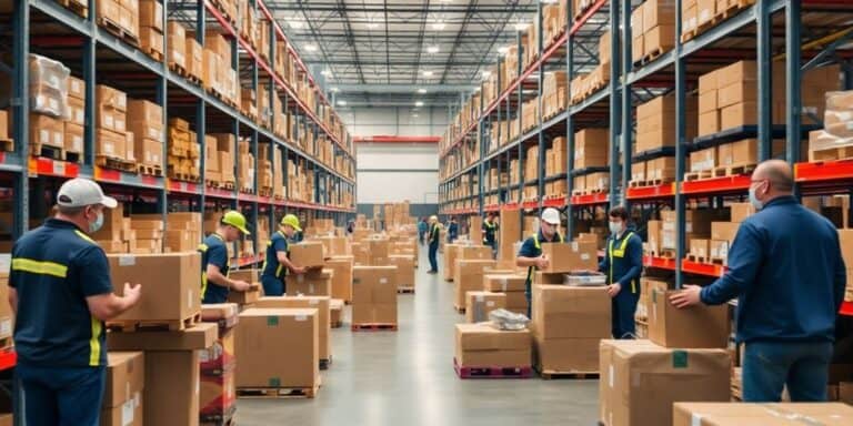 Busy warehouse with workers managing inventory and packing boxes.