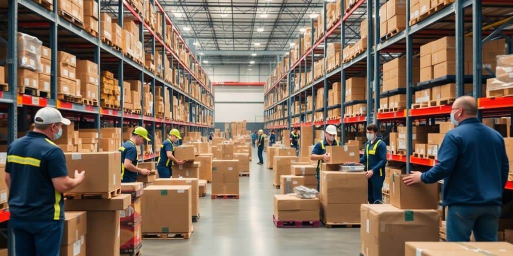 Busy warehouse with workers managing inventory and packing boxes.