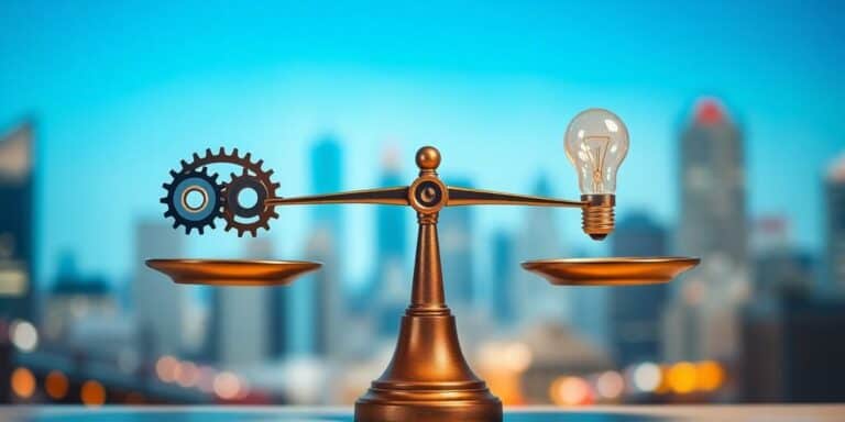 Balanced scale with gears and bulbs reflecting innovation and stability.