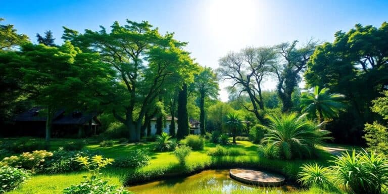 Lush green landscape with trees, water body, and blue sky.