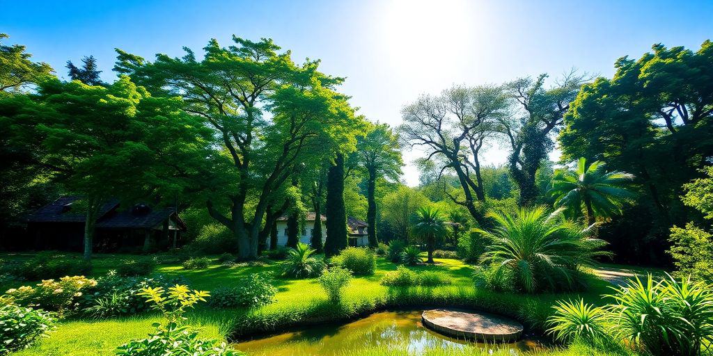 Lush green landscape with trees, water body, and blue sky.