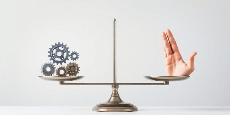 A scale with gears and a human hand.
