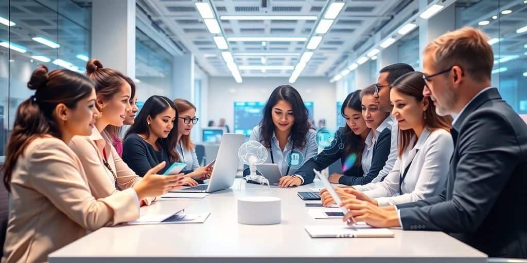 Diverse professionals collaborating with AI in a modern office.