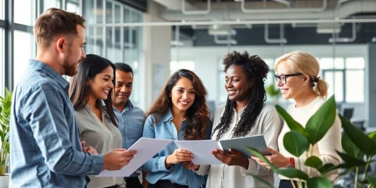 Team of professionals collaborating in a bright office.