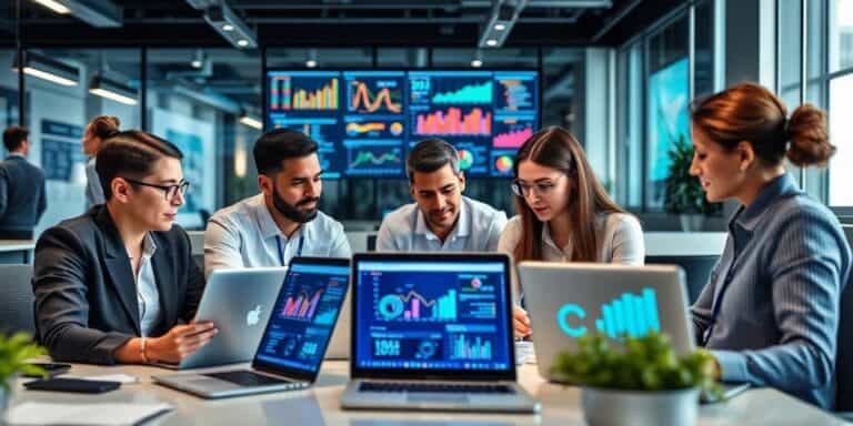 Professionals in an office analyzing data on laptops.
