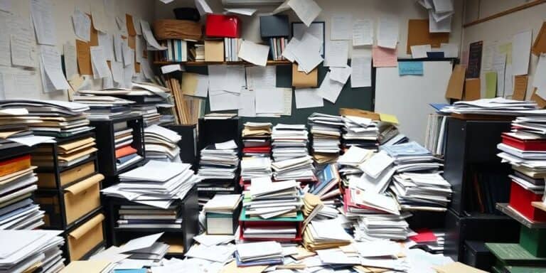 Cluttered workspace depicting operational inefficiency in business.
