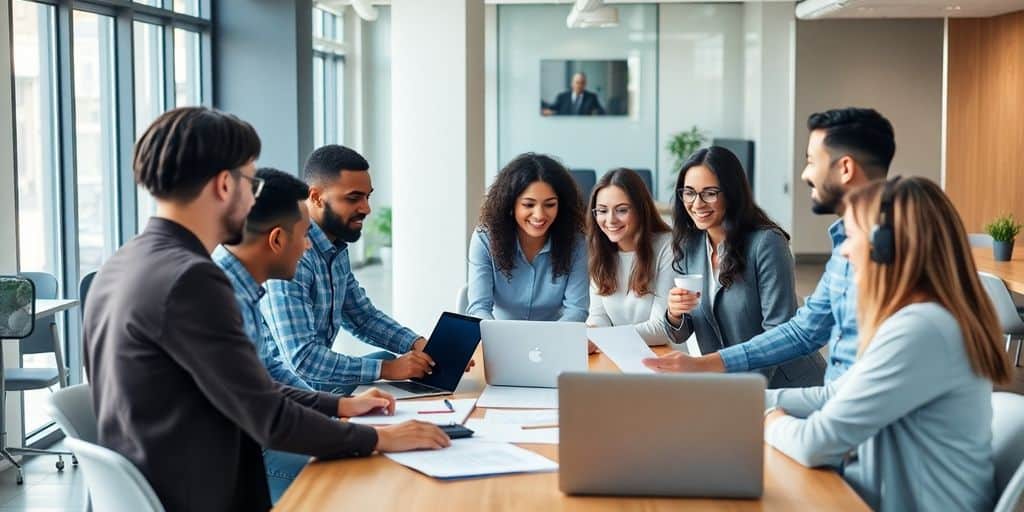 Diverse team collaborating in a modern office setting.