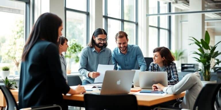 Team collaboration in a modern office environment.