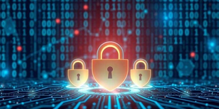 Cybersecurity theme with locks and abstract digital elements.