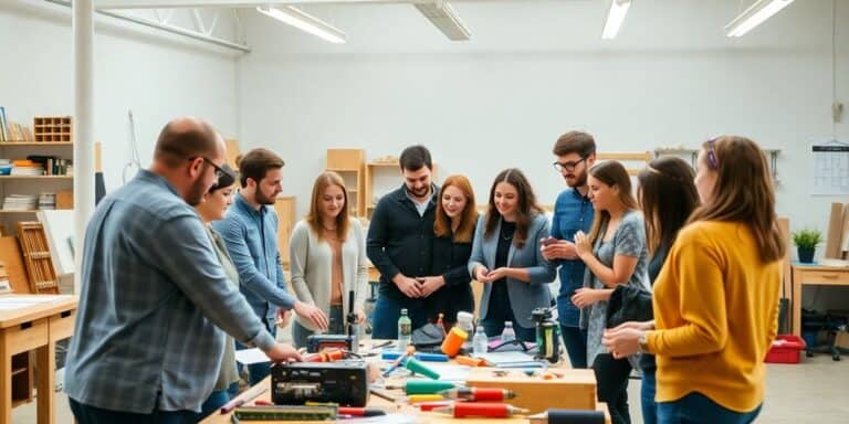 Group of professionals collaborating in a workshop setting.