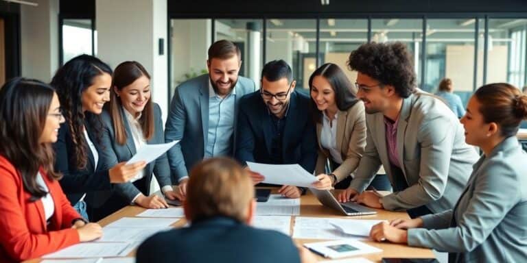 Team discussing business operations in a modern office.